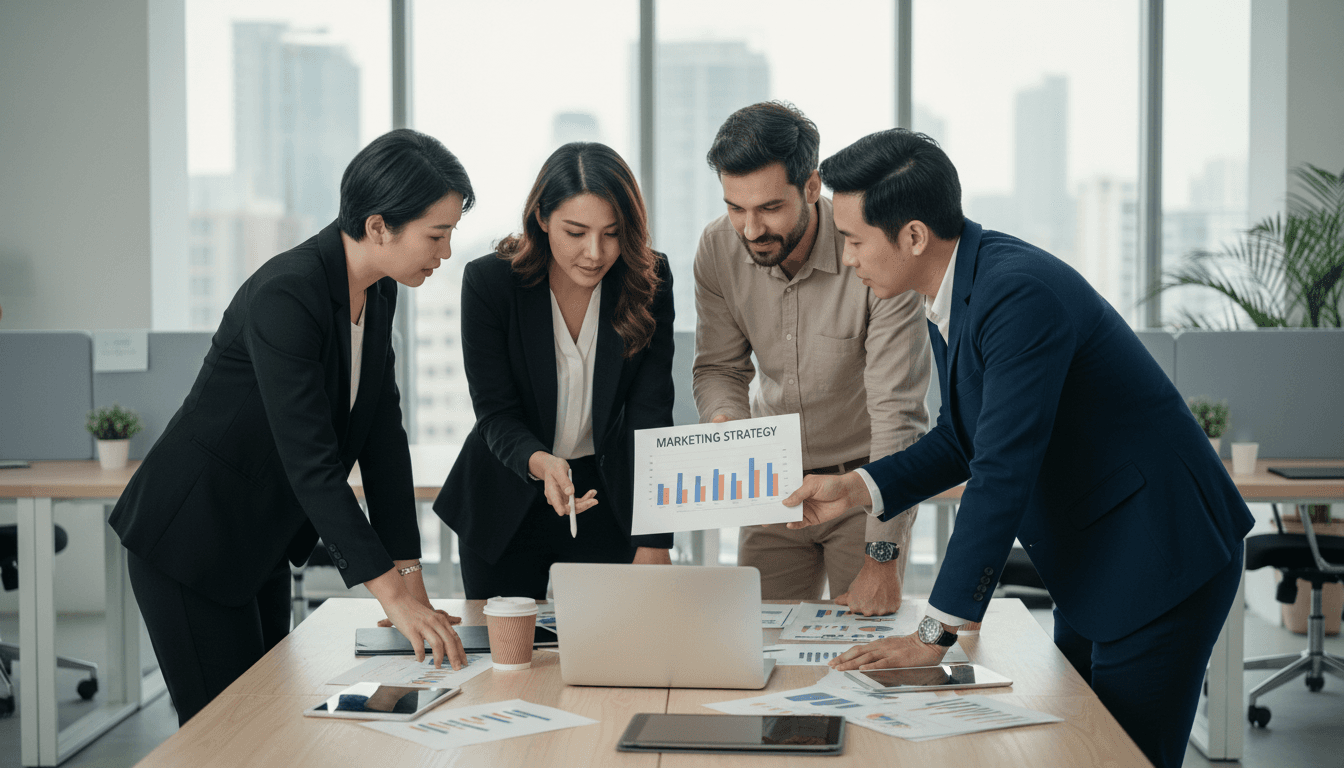 Business team working together on marketing strategy in a modern office environment