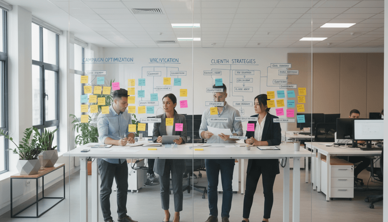 Professional team working together on business growth strategy in modern office setting