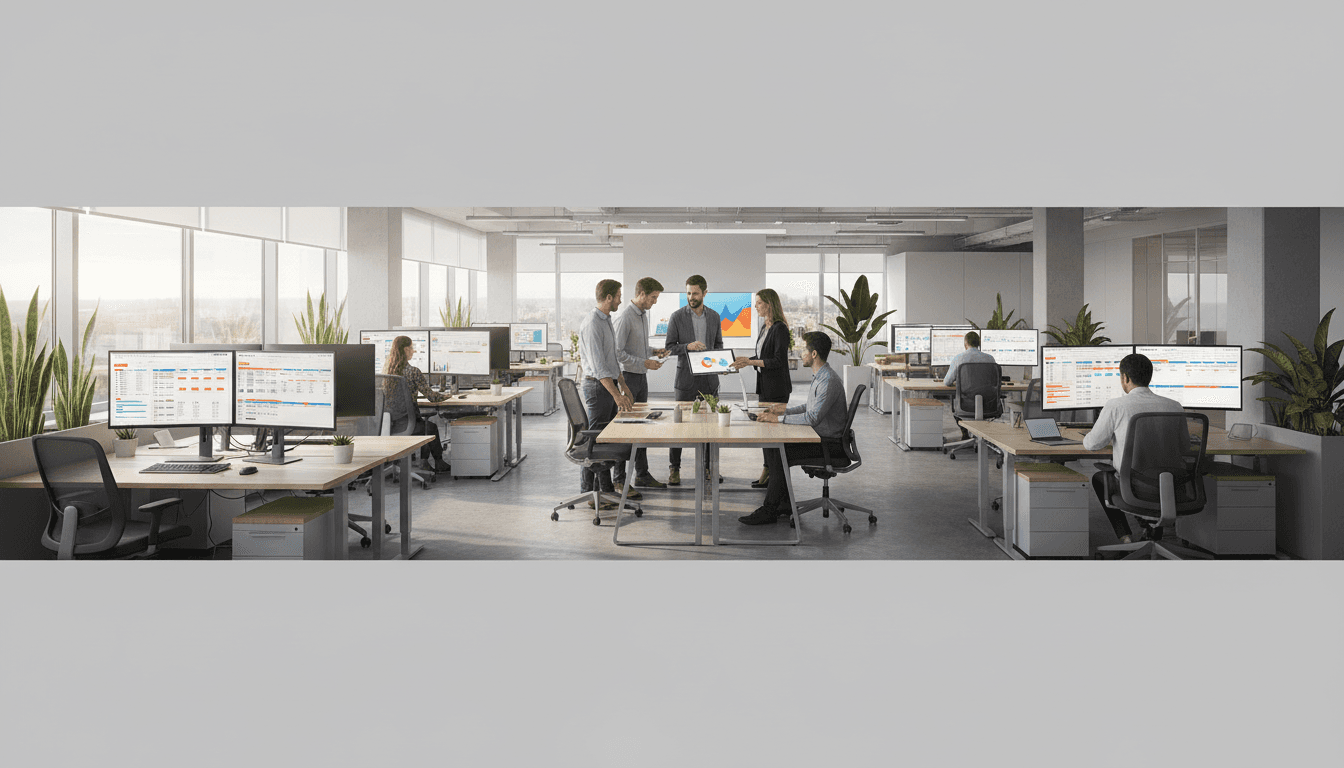 Marketing professionals working together at a modern office workspace