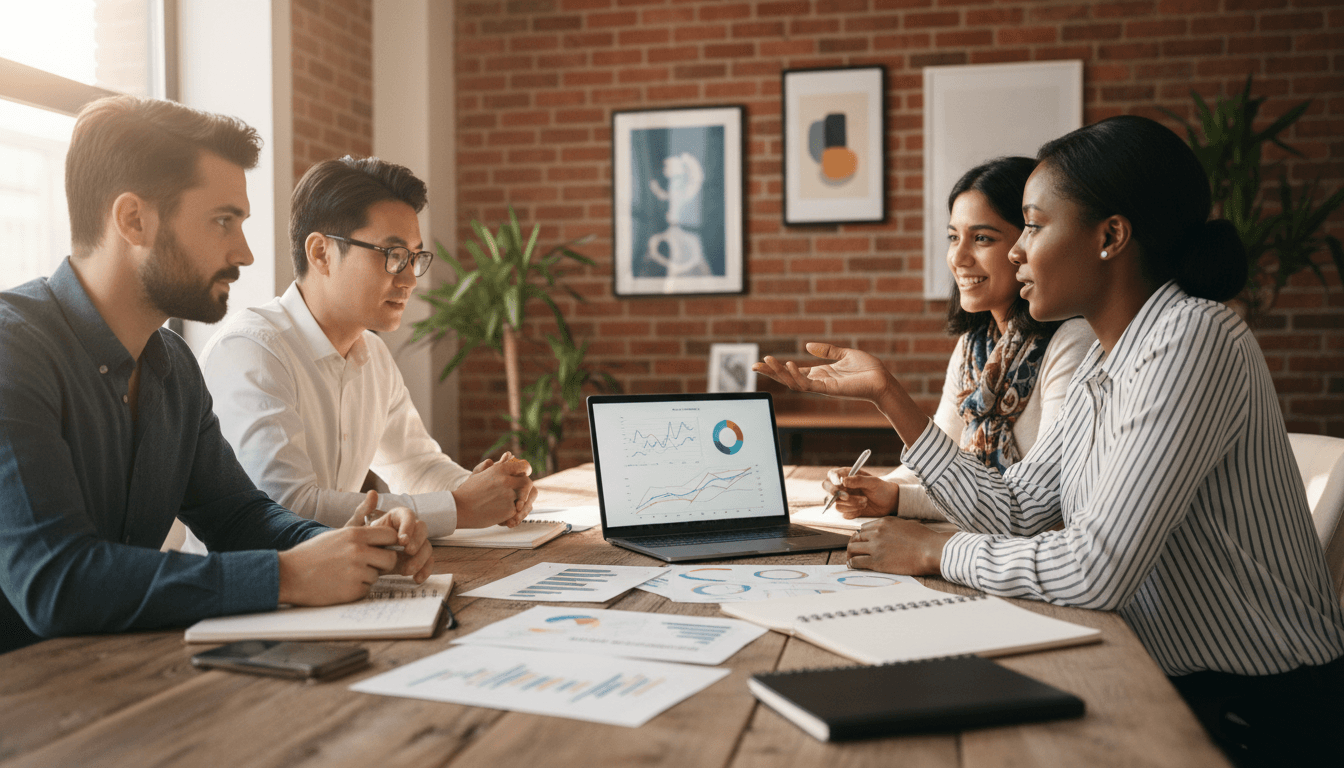 Professional marketing team working together in a modern office environment
