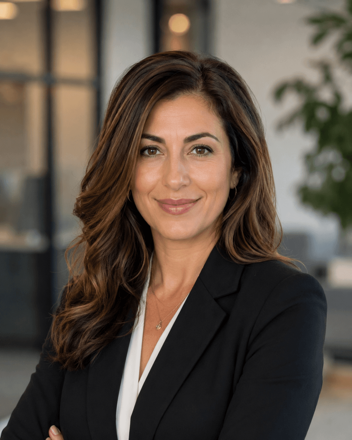 Smiling professional woman with long wavy brown hair wearing a black blazer in an office.