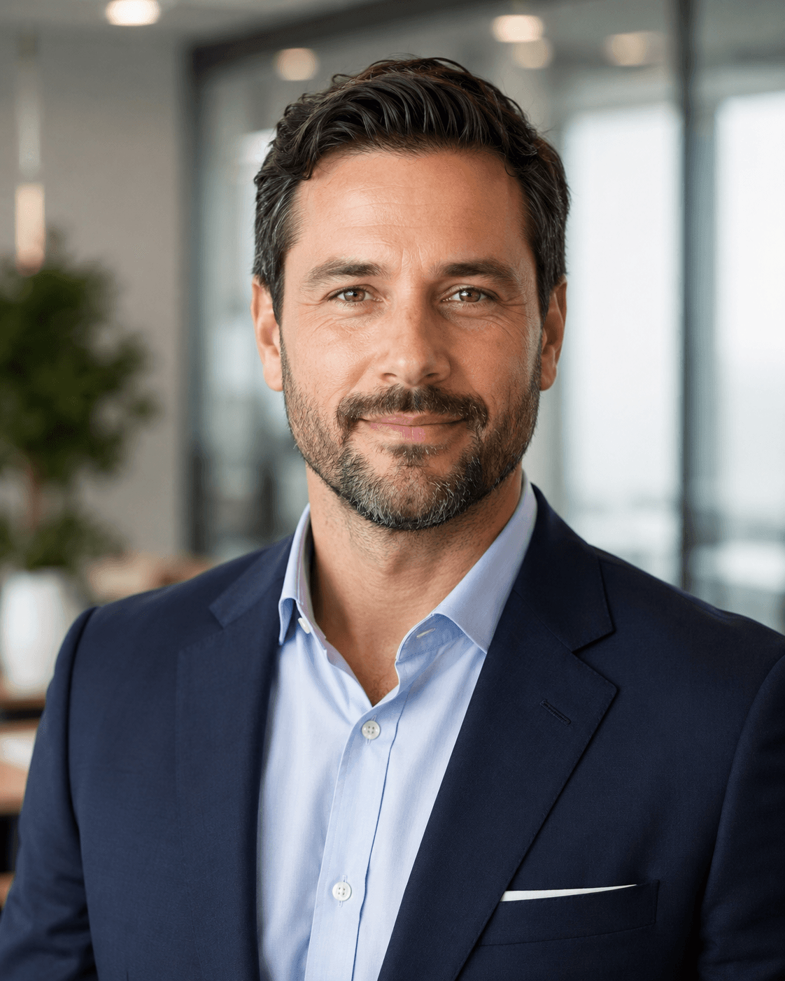 Professional man with dark hair and a beard wearing a navy blazer in an office.